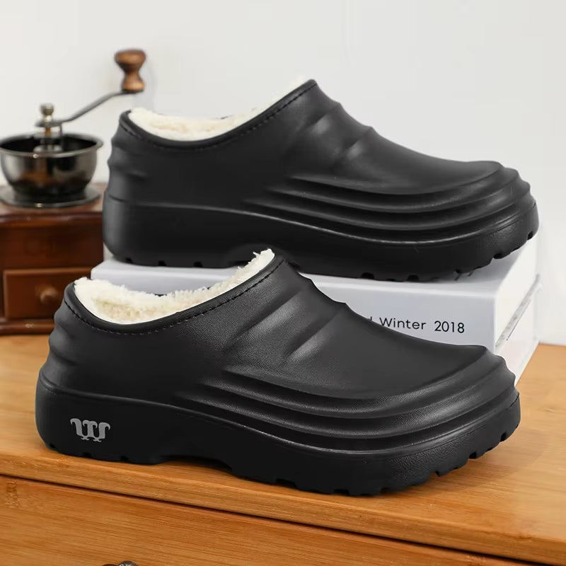 Waterproof Slipper Add Cotton Thick Bottom Kitchen Shoes Chef Non-Slip Men'S Work Shoes Soft and Comfortable Wear-Resistant Warm